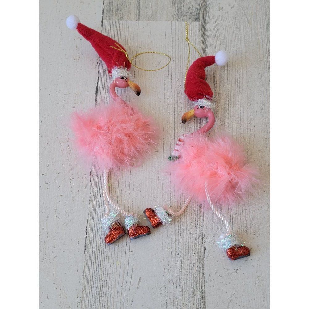Feet dangling Flamingo set Santa had glitter puffy ornament Xmas